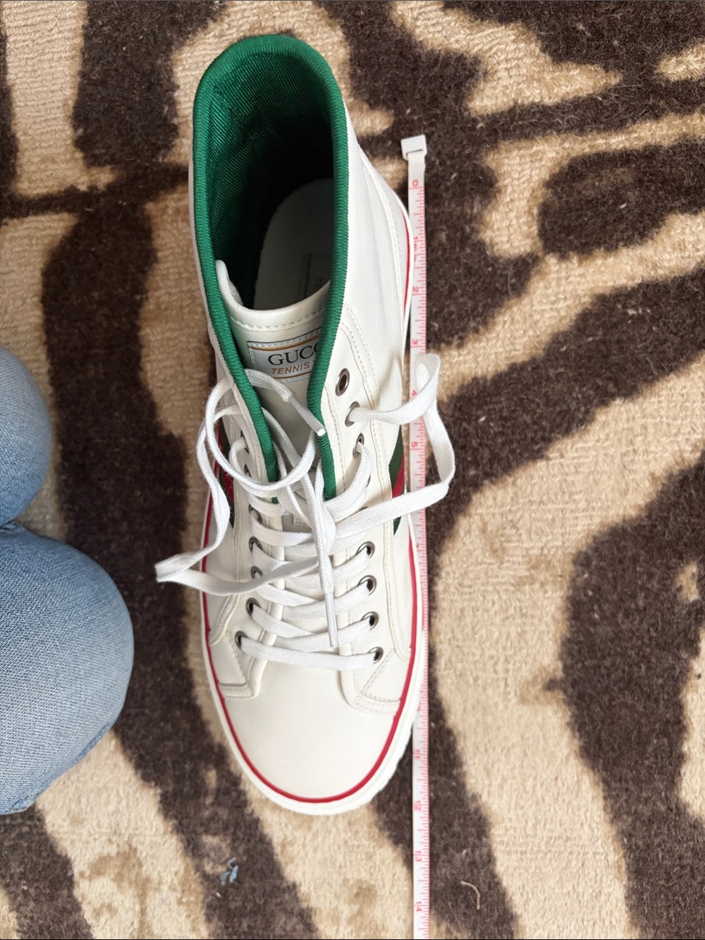 Gucci White High-Top Tennis Sneaker with Green Lining and Red Trim